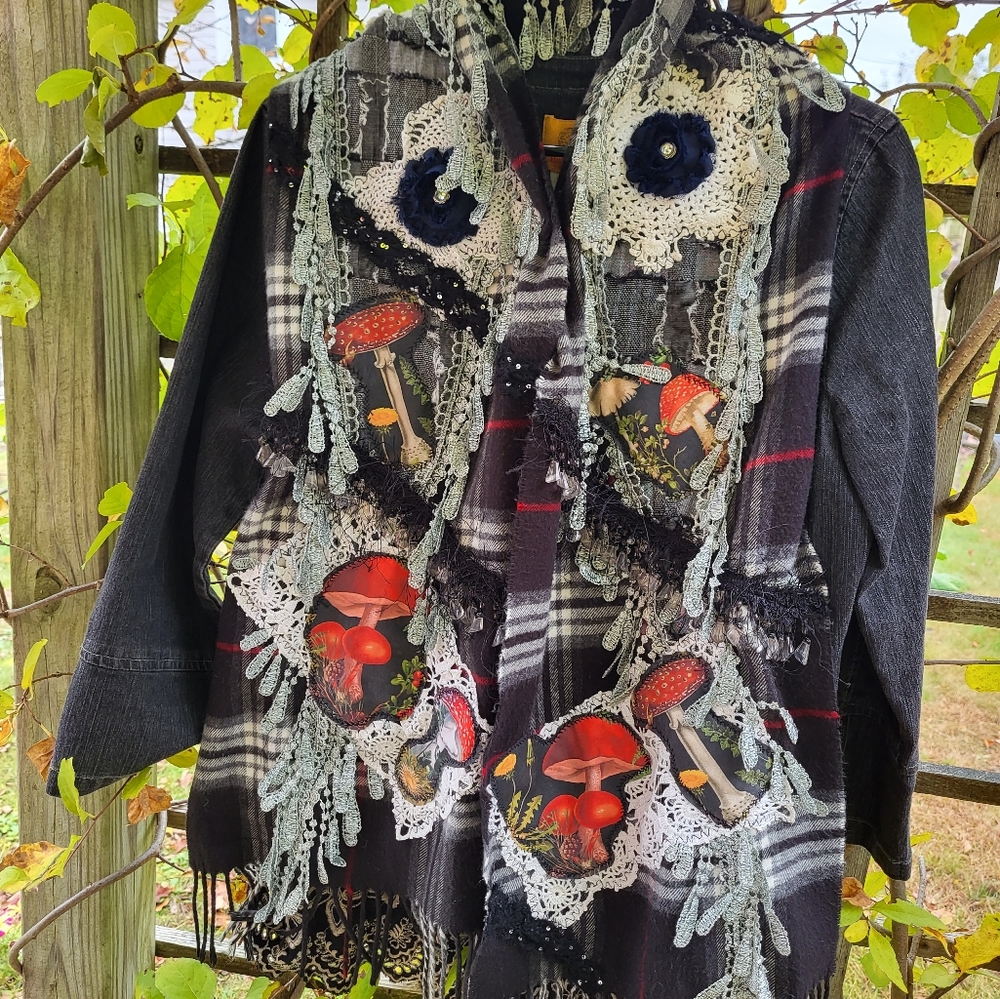 Upcycled Artsy Boho Mushrooms Scarf
